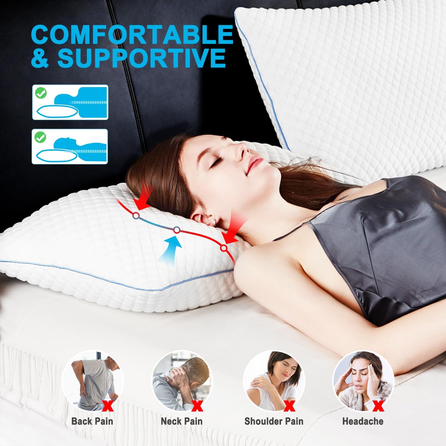 Cooling Shredded Memory Foam Bed Pillows, Queen Size, Set of 2, 20 x 30 in | Adjustable Firm, Supportive, Breathable, Hypoallergenic, Odorless, Luxury, Cool Gel pillows for Side Back Stomach Sleepers