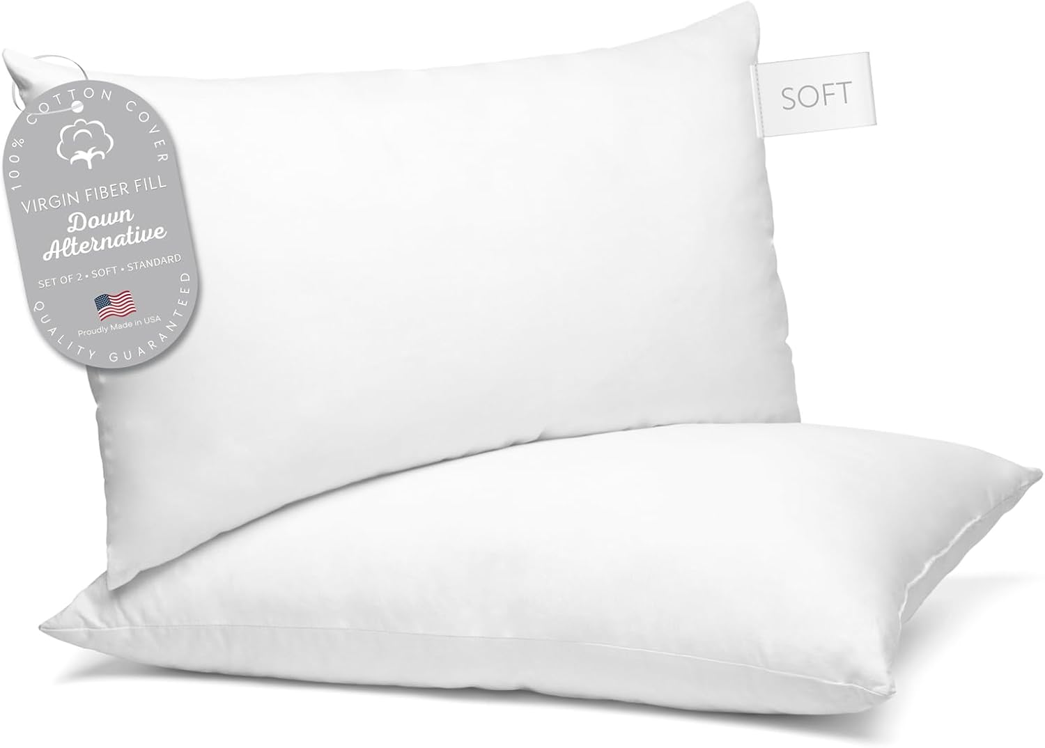 Digital Decor 100% Cotton Fabric Luxury Hotel Pillows Standard Size Set of 2, Cooling Down Alternative Bed Pillows for Sleeping, Hypoallergenic & Soft for Side & Back Sleepers, Made in USA, 26″ x 20″