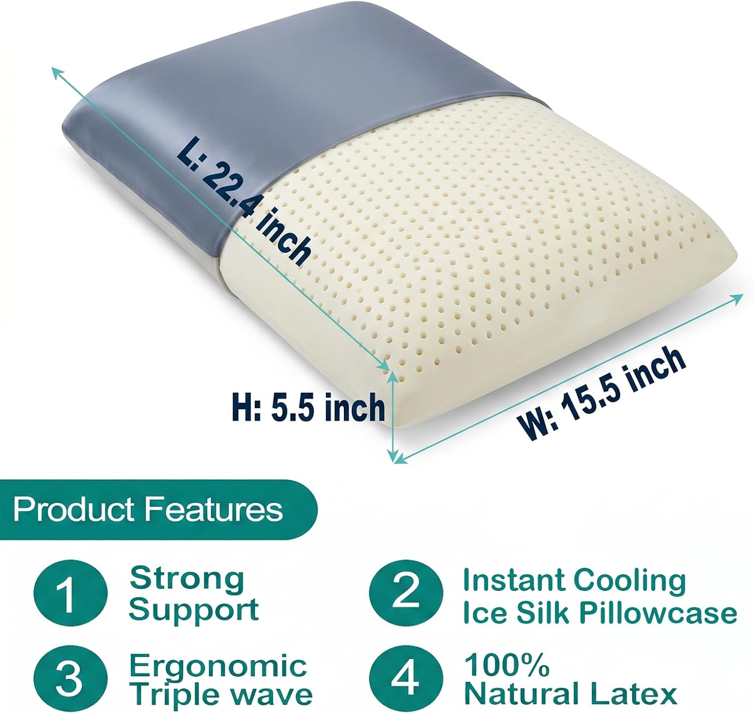 Firm Latex Pillow, Slim Design, Instant Cooling Ice Silk Pillowcase, OEKO-TEX Certified Supportive Bed Pillow for Neck Pain, Non-Flattening for Stomach Sleepers (Standard – 4.5″H, Low Profile)