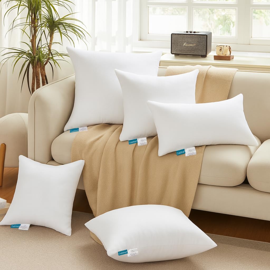 Oubonun 18 x 18 Throw Pillow Inserts | Soft, Plush & Decorative Down Alternative Pillows for Couch Sofa Bed, Machine Washable – White, Pack of 2