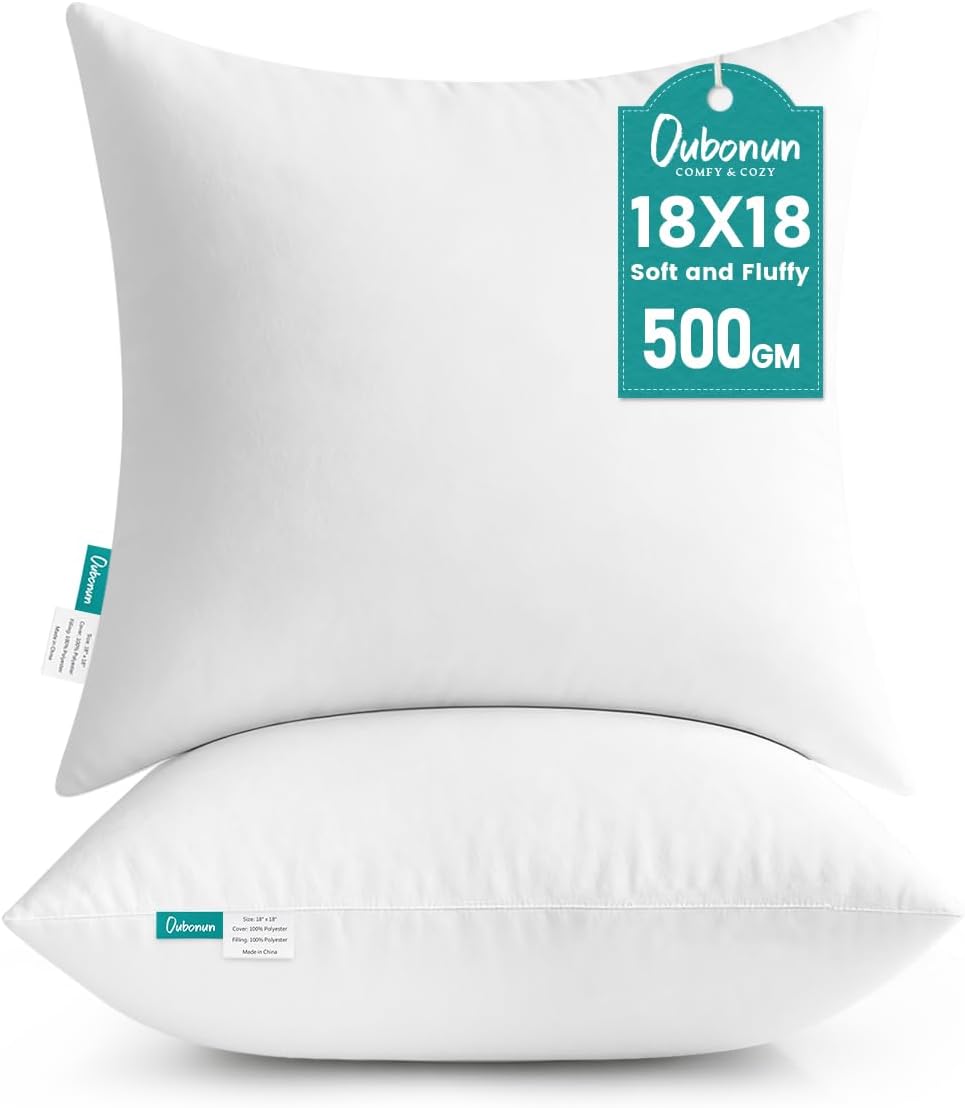 Oubonun 18 x 18 Throw Pillow Inserts | Soft, Plush & Decorative Down Alternative Pillows for Couch Sofa Bed, Machine Washable – White, Pack of 2