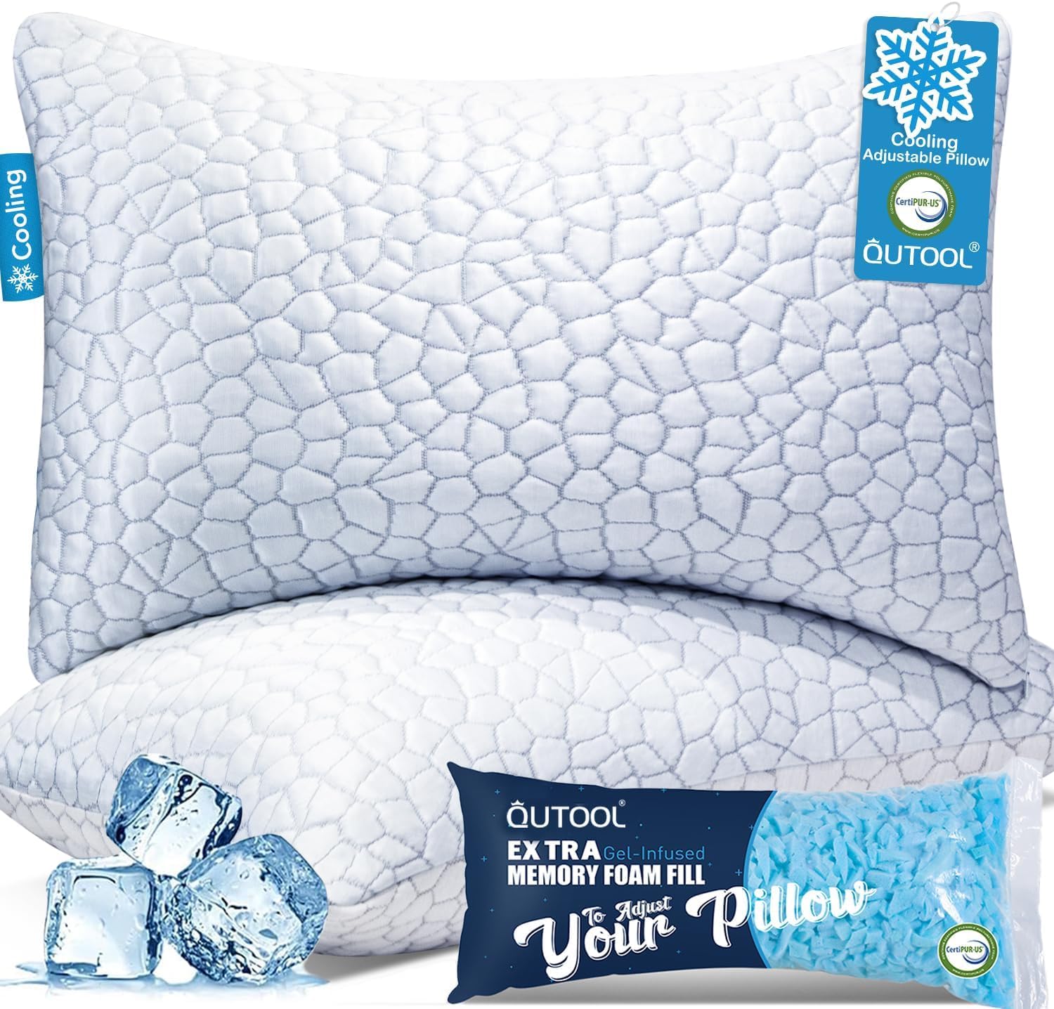 QUTOOL Cooling Pillow for Sleeping, CertiPUR-US Shredded Memory Foam Queen Pillows Set of 2